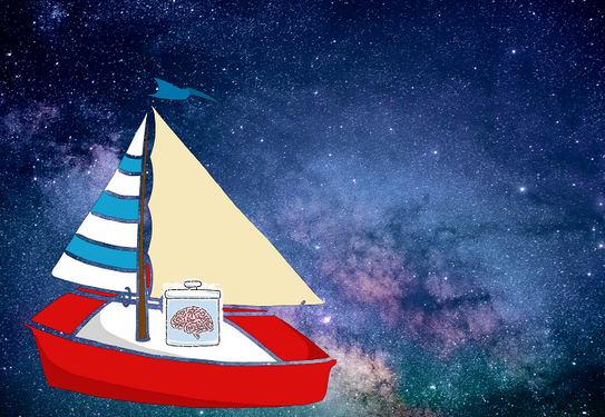 lazily photoshopped image of a sailboat in space. A brain in a jar is also on the sailboat.