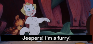 The protag in his cat form, shocked that he's all furry. This line is easily misheard as "I'm a furry!"