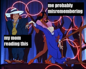 Scene from Heavy Traffic; Carol dancing with a patron while Michael supervises. He's labeled "my mom reading this," while Carol has "me probably misremembering."