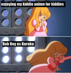 In the first panel, Cherry is confidently standing in front of a window. Second panel has her running away from the window as lightning strikes and scares her, caption reading: "enjoying my kiddie anime for kiddies," "Rob Roy as Kuruku"