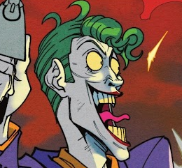 The Joker's comically exaggerated expression of surprise and deranged glee.