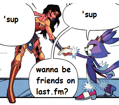Wonder Woman and Blaze shaking hands and introducing themselves. Their speech bubbles are edited as they ask each other to be friends on last.fm.