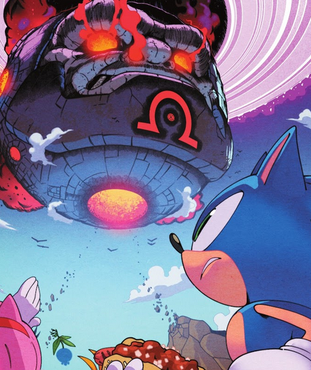 Darkseid's Ragna Rock appearing in the sky, over the picnic of Sonic, Amy, and Tails.