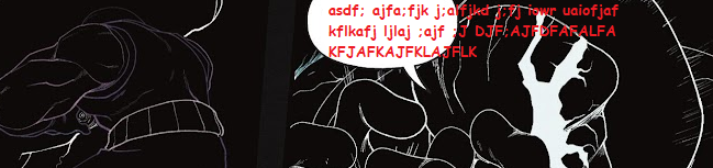 Two white-on-black panels as DarkSeid attempts to end it all. His only speech bubble has been edited to red text of random gibberish, as if someone just smashed random keys on their keyboard.