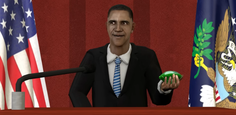 A Garry's Mod-esque image of President Obama at the presidential podium, looking incredibly smug while holding a chaos emerald.