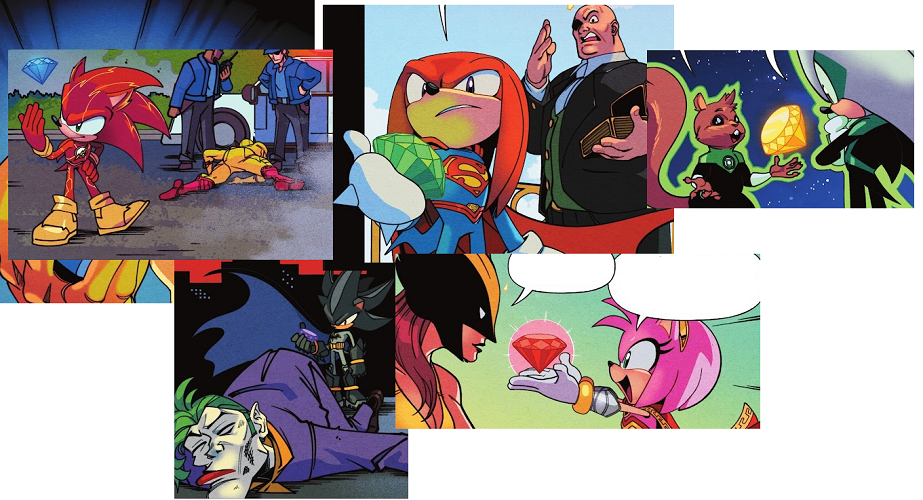 Sonic, Knuckles, Silver, Shadow and Amy holding their respective chaos emeralds. The bad guys are either disposed of, or they explain to their allies what the chaos emeralds are.