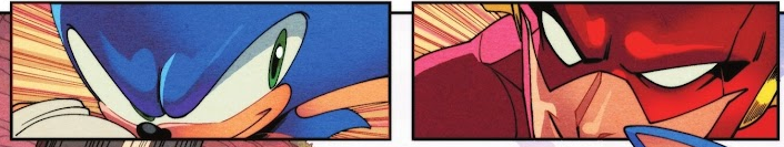 Two panels. Sonic and The Flash are smirking at each other as they race.