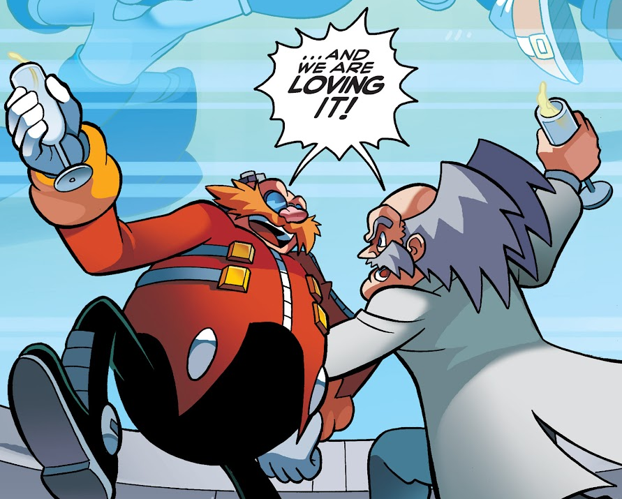 Eggman and Dr. Wily, dancing and holding wine flutes. Both are declaring, "...And we are loving it!" as Megaman and Sonic fight in the background.