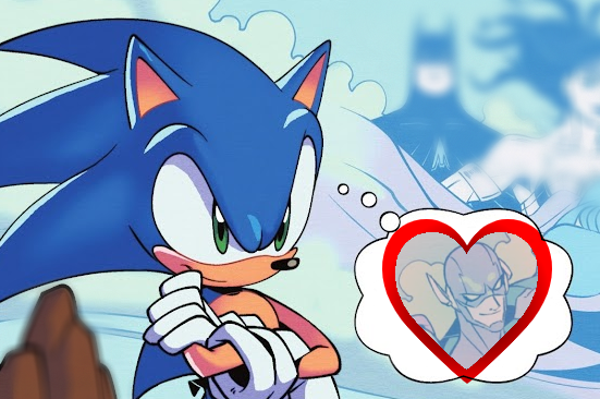 Sonic standing off to the side, arms folded and contemplative. His thought bubble has been edited to have a flashback of The Flash in a heart shape.