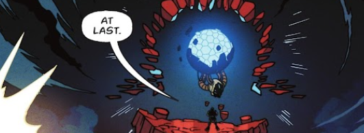 Darkseid with his back to the audience, overlooking his chaos contraption and saying, "At last." He had been waiting a long time.