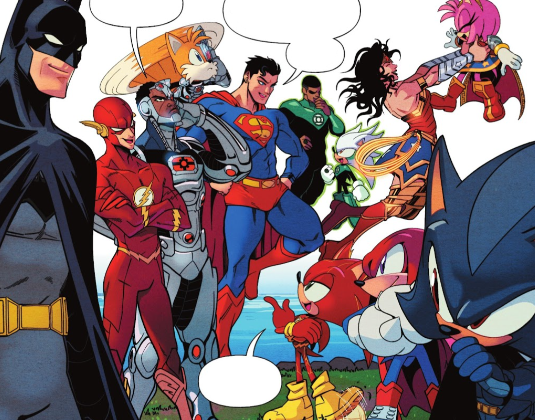 Both teams commiserating: Superman and Sonic trading quips, Wonder Woman picking up Amy Rose in joy, Green Lantern and Silver talking, Tails and Cyborg comparing notes, The Flash and Knuckles just standing looking cool. In the foreground Batman and Shadow share a glance; Batman is even smiling a tiny bit while Shadow is still his default standoffish.