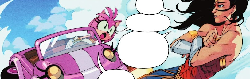 Amy Rose in her pink flying car, with Wonder Woman flying beside her as they chat.