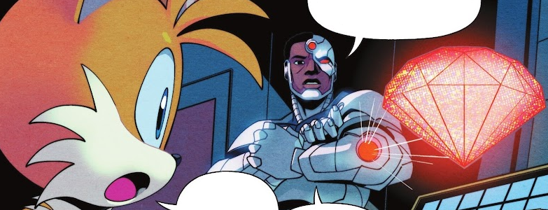 Tails and Cyborg discussing the chaos emeralds.