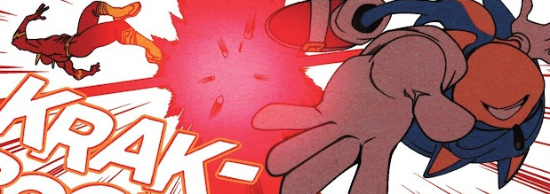 The Flash and Sonic narrowly escaping Darkseid's eyerays of doom. There is a big red explosion that sends them sprawling.