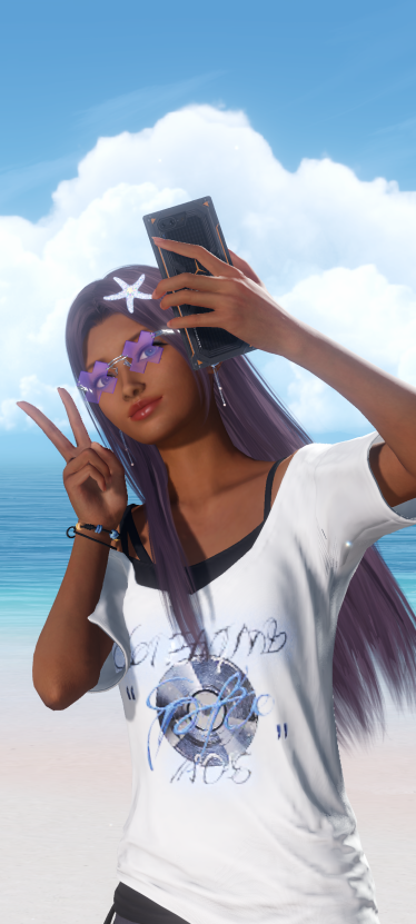 A brown-skinned woman posing on the beach, taking a selfie with her phone.