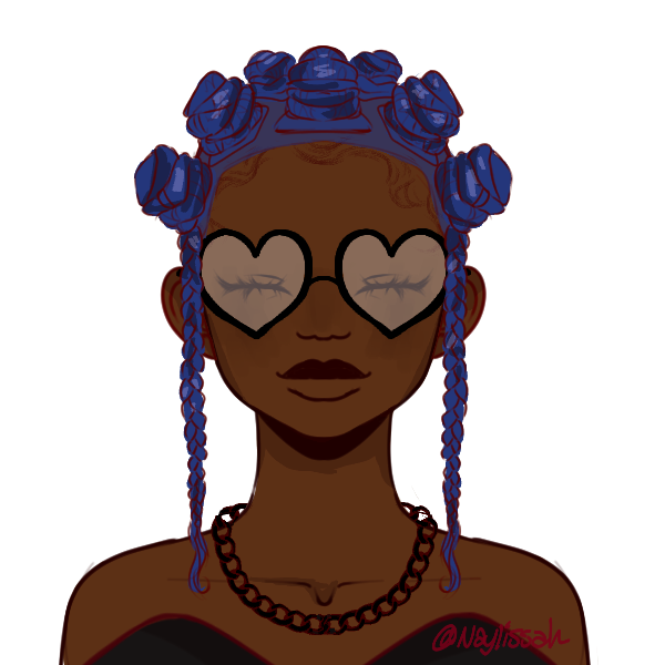 A Black femme presenting person with Bantu knots. They are smiling with their eyes closed.