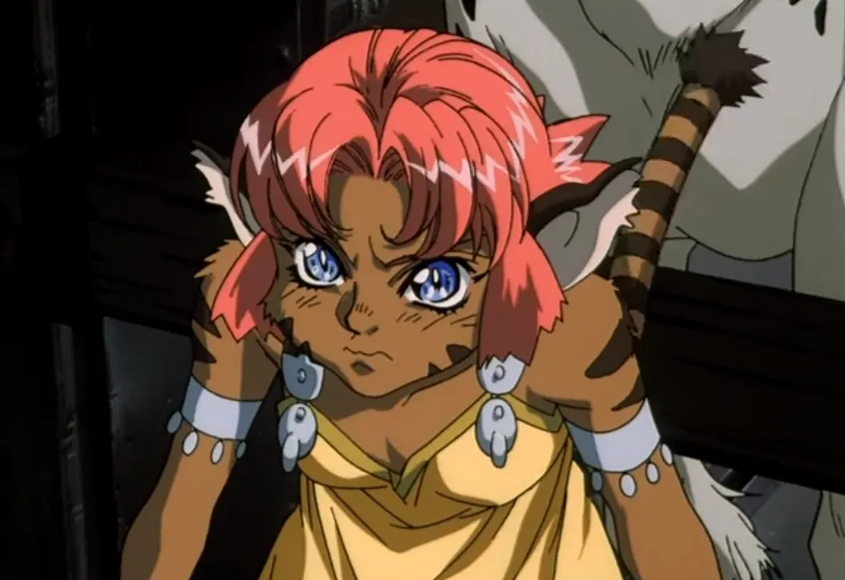 A young woman with dark skin, blue eyes, and reddish-pink hair. She is looking grumpy and ready to shank someone.