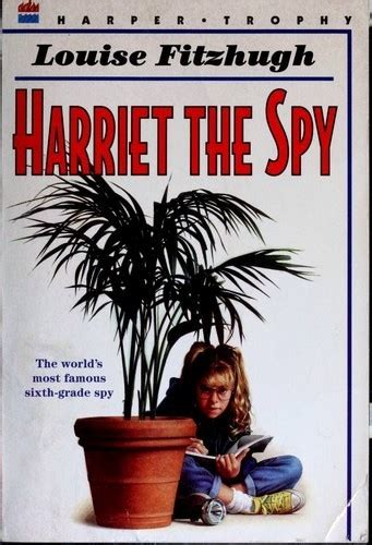 The vintage cover of Harriet the Spy. The title is in bright red lettering, with a sixth grade girl sitting crosslegged behind a large potted plant. She is looking out to you while furiously writing in her notebook, probably about you.