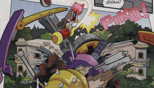 Amy Rose smashing the drillbox-badnik Snively's piloting into a Southern Barony plantation-styled home. And nothing of value was lost.