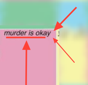 4 panels: green, blue, red, and yellow. But we focus on the 3rd, red one: "murder is okay."