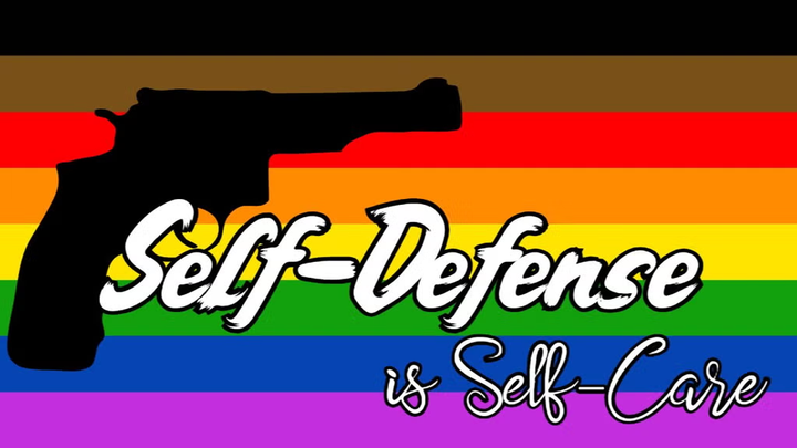 Silhouette of a pistol with the words "Self-Defense is Self-Care." The Philly pride flag is the background.