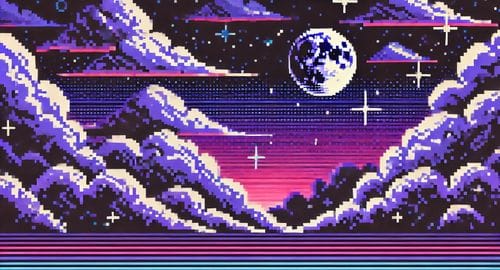 A retro pixelated scene of a cloudy night sky with a full moon. The palette is also of dark pinks and purples.
