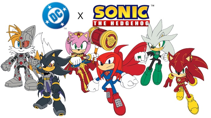 Tails, Shadow, Amy Rose, Knuckles, Silver, and Sonic in their counterpart costumes, respectively: Cyborg, Batman, Wonder Woman, Superman, Green Lantern, & The Flash.