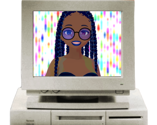 My VTuber persona, a black person with long twists. They are in mid-chat, talking, as they are on a screen of an old CRT monitor.
