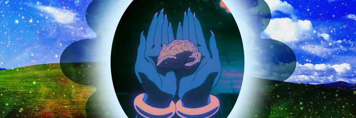 Brown anime hands with long nails, palms up and holding a carved critter statue. Overlay is of the Windows XP default wallpaper and a Hubble telescope picture of stars and a nebula.