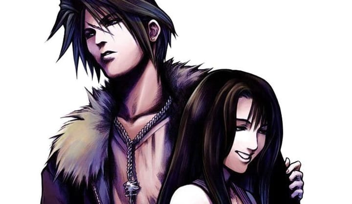 Squall and Rinoa from Final Fantasy 8. Rinoa is smiling while holding onto Squall's arm, while he is looking like his typical taciturn self.