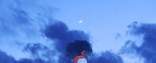 Blue and cloudy night sky, a crescent moon above a woman with a dark blue afro and blue dress.