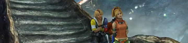 Tidus and Rikku standing before some stairs leading up to the Farplane. 
