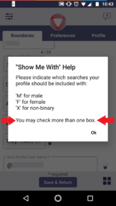 A tool tip with different gender options: Male, Female, and non-binary. Two big red arrows also point to the text "You may check more than one box."