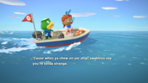 Animal Crossing characters on a ship. The captain is in mid song, saying "cause when ya chew on yer ship swabbies say you're kinda strange"