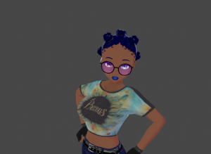 The background is gray. A Black person with their arms akimbo and looking upward. This time, their hair is in Bantu knots and the lipstick is dark blue. They're also wearing black glasses with round lenses, black fingerless gloves, a crop top with the Precious band name on it and jean shorts.