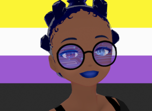 The background is the non-binary flag. A closeup of the afrormentioned Black person from the shoulder up; they're wearing a black spaghetti top. The glasses have a circuitry patter in the lens. Their left eye is a light blue, the right is brown. They have a slight smile for the camera.