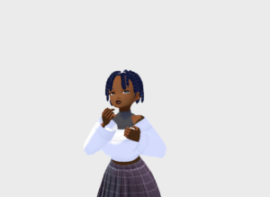 The background is white. A Black person is standing, arms positioned as if in mid-laugh. They have dark blue twists, black lipstick, and two-colored eyes (one silver, one dark brown). They are wearing a gray pleated skirt and a long-sleeved white shirt. Note the early glitch weirdness: the twists are floating above the scalp, and the skin has an odd matte/clay texture.