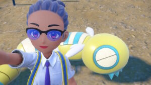 My character posing with a dunsparce behind them.