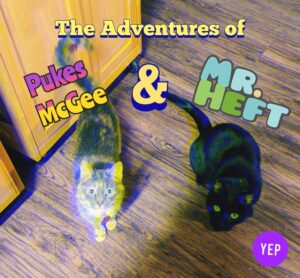 A highly-bright filtered image of two cats; one a grayish tabby and the other a black cat. Captioned in a jaunty font: The Adventures of Pukes McGee & Mr. Heft.