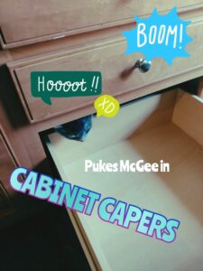 Pukes McGee (aka "Mean Lil Ass") with their head sticking out from BEHIND the cabinet. I was late to work that day getting her out. 

Wording on the image includes: BOOM! in a blue explosion emoji, Hoooot!! and XD in speech bubbles. Caption reads "Pukes McGee in Cabinet Capers."