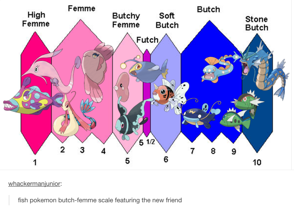 The scale from High Femme to Stone Butch, represented by fish Pokemon.