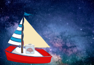 lazily photoshopped image of a sailboat in space. A brain in a jar is also on the sailboat.