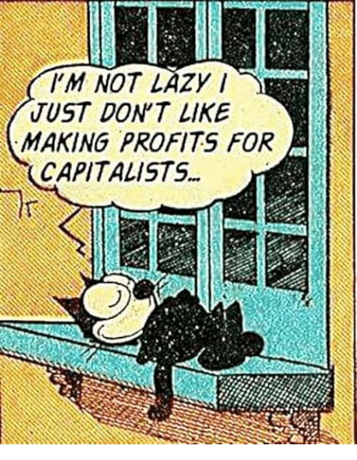 Felix the cat napping on a ledge, thinking "I'm not lazy I just don't like making profits for capitalists..."