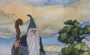 Gandalf standing with his wizard staff.