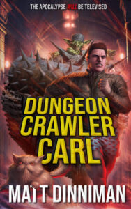 the book cover for Dungeon Crawler Carl. A white man in a jacket and heart-patterned boxers. Along with a fluffy cat, he is running ahead of a troll-driven tank-with-spikes.