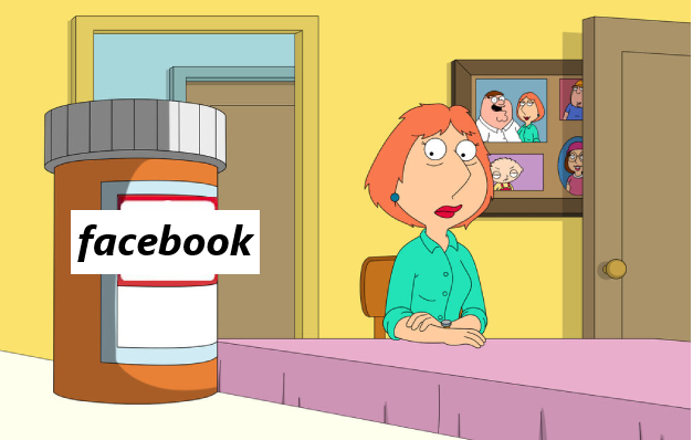 Lois, going through withdrawal symptoms, nervously staring at a pill bottled marked "Facebook."